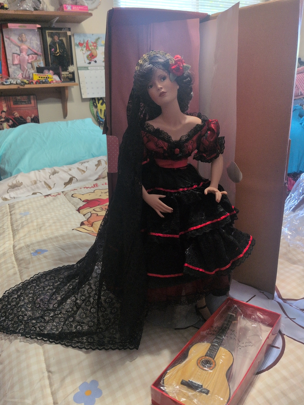 Spanish-Style Collectible Doll in Black and Red Lace Dress